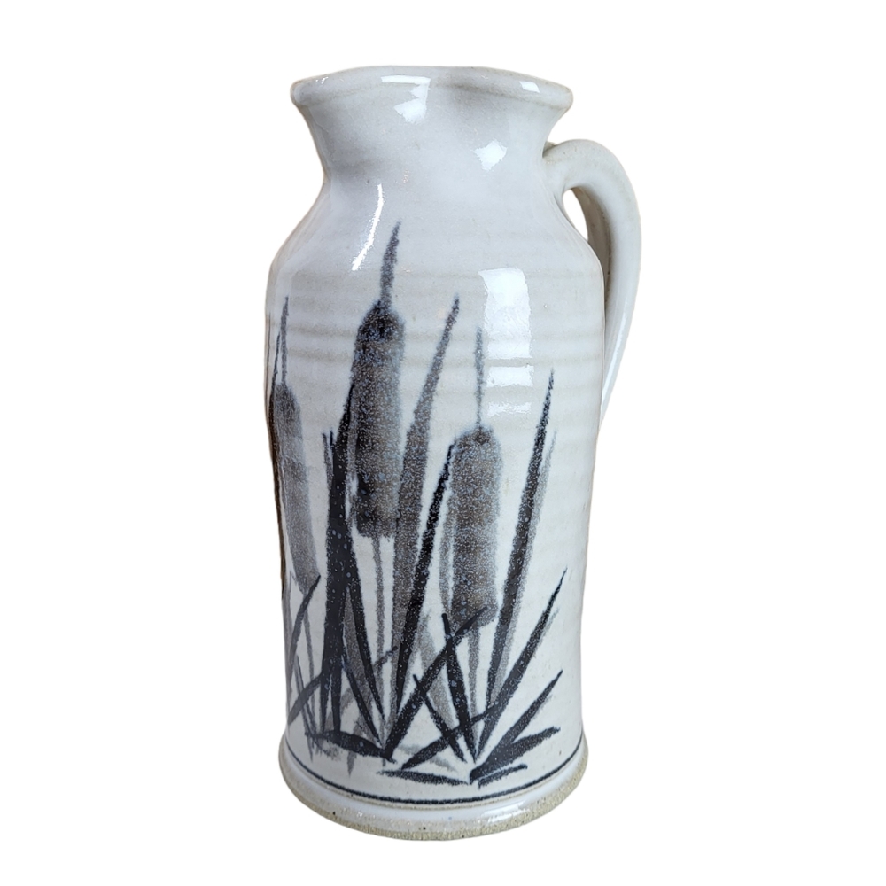 Pottery Jug, White and Black Cattails, 8 Inch
